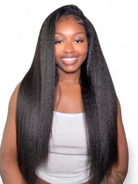 Natural color kinky Straight Human Hair half Wig - 28 inches